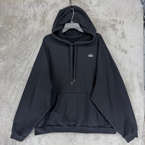 ALO Yoga Tops - Alo Yoga Black Oversized Pullover Hoodie Logo Fleece Athleisure Sweatshirt